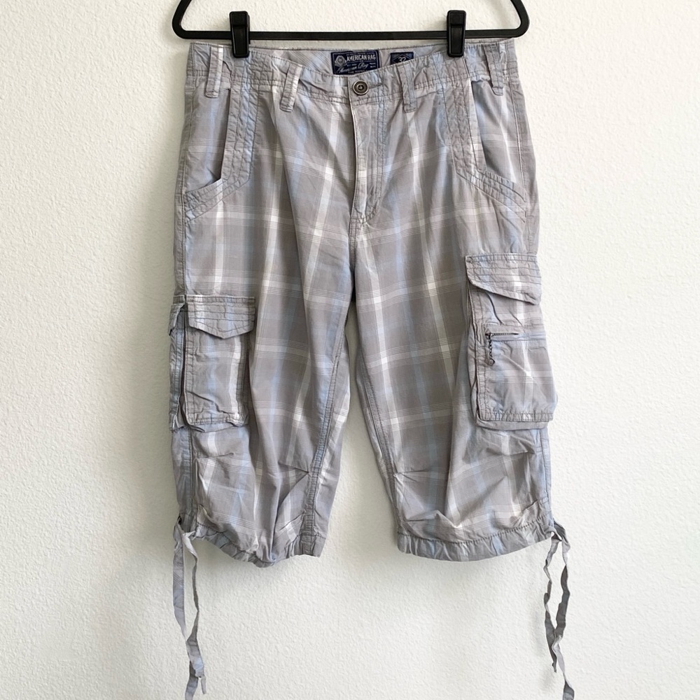 SOLD American Rag Men's Gray & Blue Plaid Baggy Cargo Shorts